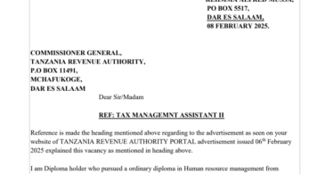 Mfano wa Barua ya Maombi ya Kazi TRA 2025/2026