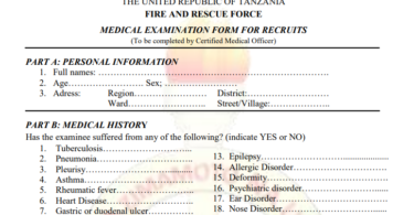 Fomu ya Uchunguzi wa Afya kwa Waajiriwa Wapya Ajira za Zimamoto 2025