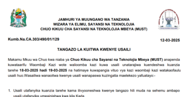 Majina Walioitwa Kwenye Usaili Chuo cha MUST Mbeya 2025