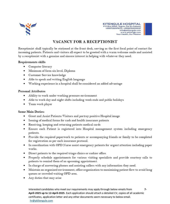 Nafasi za Kazi Kitengule Hospital 2025