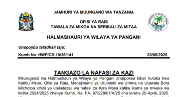 NAFASI 12 ZA KAZI HALMASHAURI YA WILAYA YA PANGANI 20-05-2025